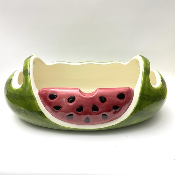 Vintage 1996 Ceramic Watermelon Shaped Serving Bowl Dish With Handles Large 15" - Picture 1 of 9